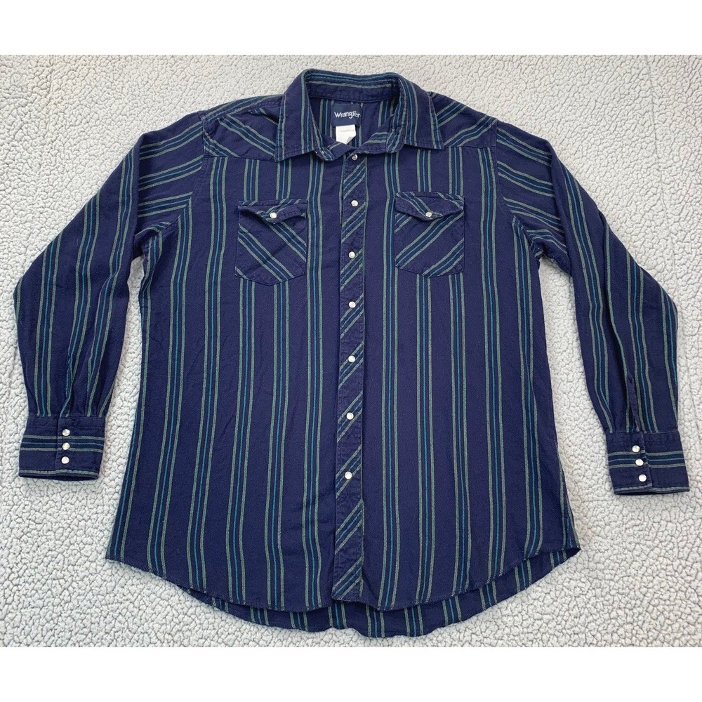 Wrangler Western Shirt Mens XLT Blue Striped‎ Pearl Snap Long Sleeve Cotton Tall